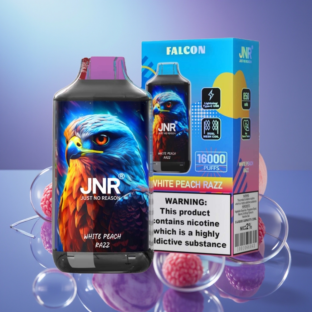 JNR Falcon 16000 Puffs 22ml Dual Mesh Coil White Peach Razz