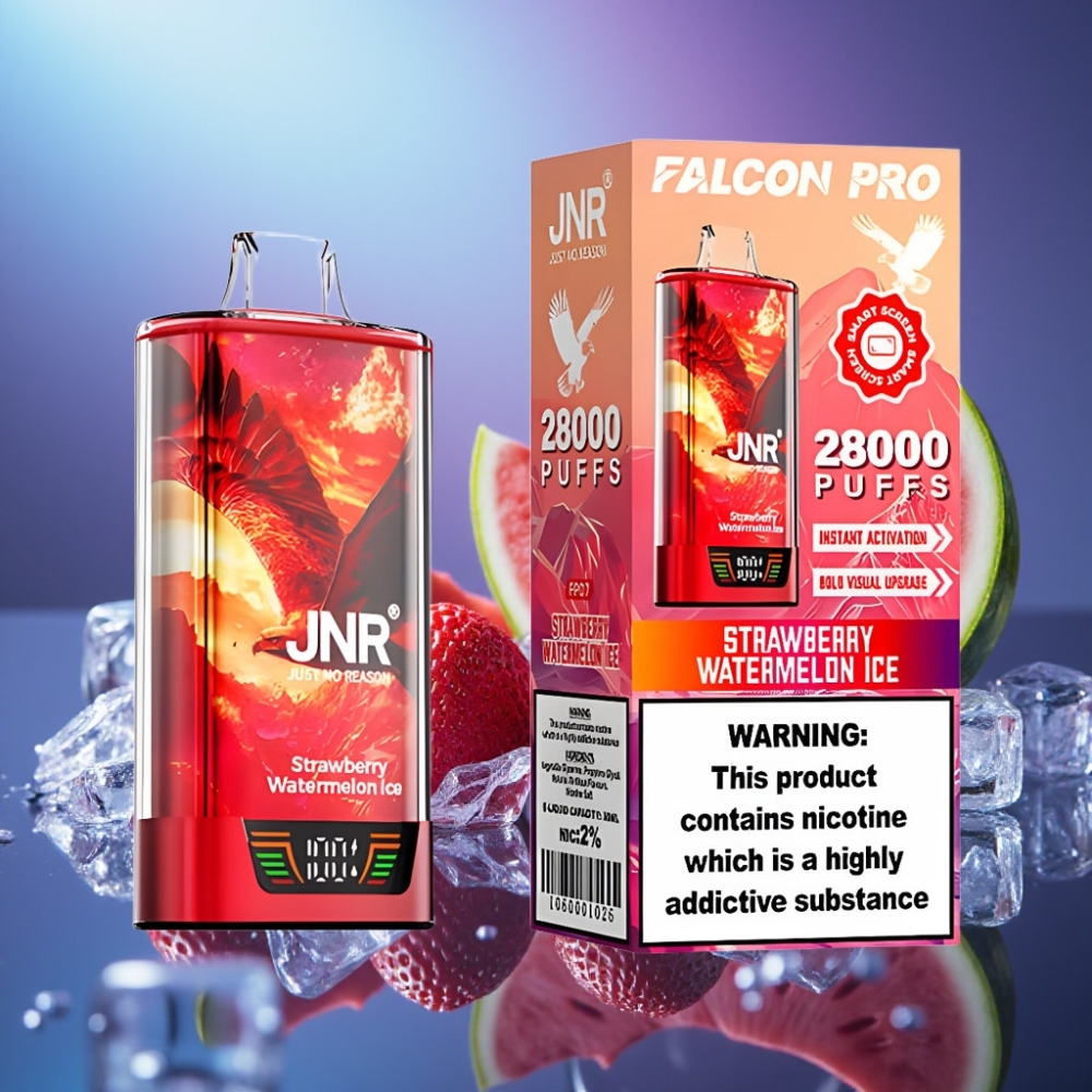 JNR Falcon Pro 28000 Bucăți Cu Afișaj Smart și Coil Dual Mesh Aromă Căpșună Pepene Gheață