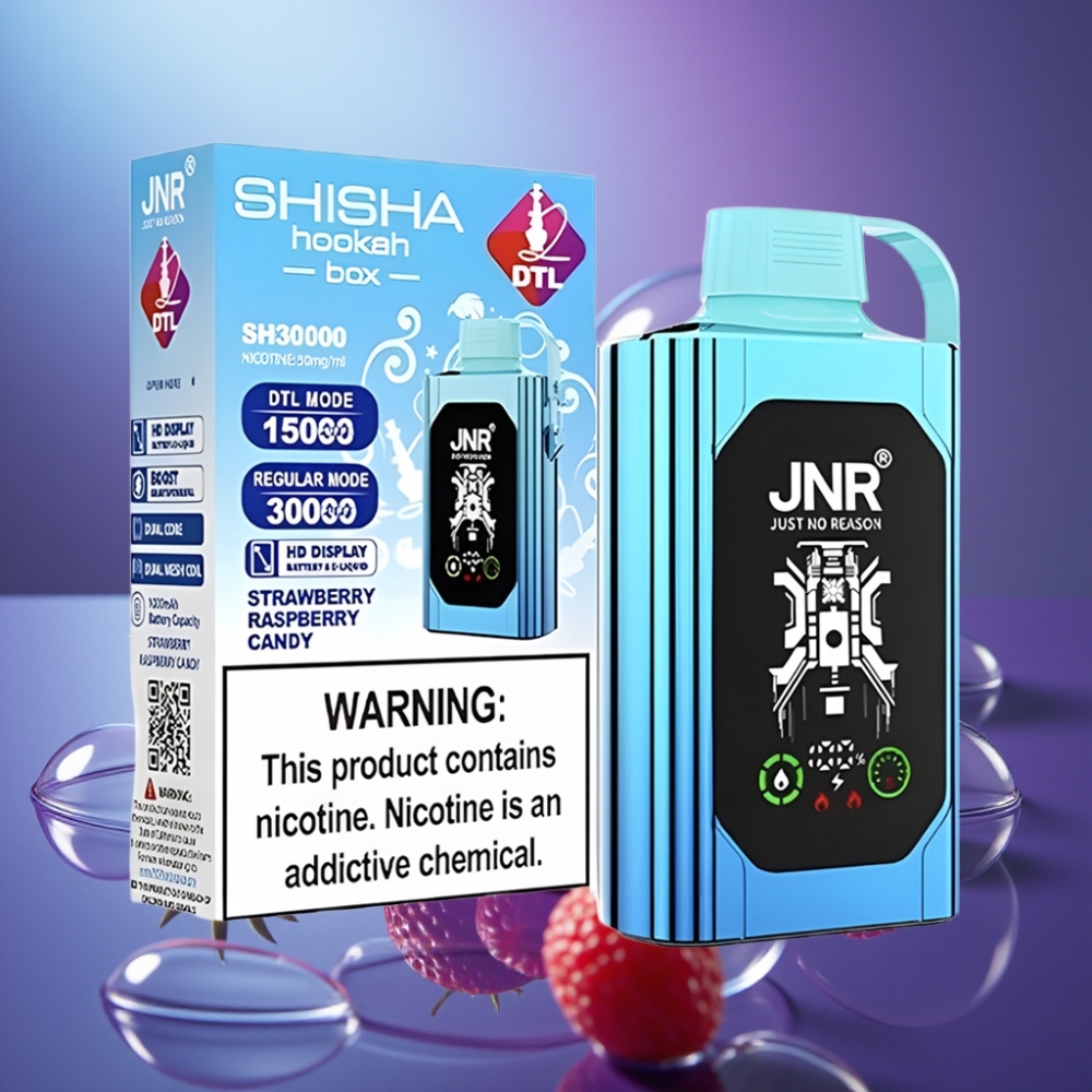 JNR Shisha Hookah Box 20500 Pufuri cu Afișaj HD și Coil Dual Mesh, Aroma Capsuni Zmeură Bomboane